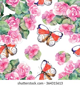 Begonia Flower, Butterfly, Watercolor, Pattern Seamless