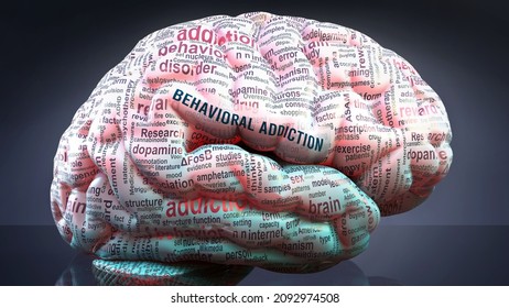 Behavioral addiction in human brain, hundreds of terms related to Behavioral addiction projected onto a cortex to show broad extent of this condition, 3d illustration