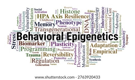 Behavioral Epigenetics Word Cloud. A Professional Overview of DNA Methylation, Histone Modification, Transgenerational Trauma, and the Biological Impact of Environment on Behavior.