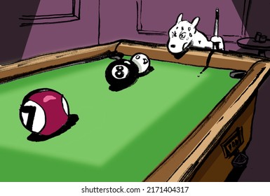 Behind The 8 Ball. A Cartoon Of A Dog At A Billiard Table Symbolizing The Idiom 