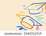 Beige background with a smooth texture. The background features colorful, abstract graduation caps. Beige color enhances the playful design. Cute colorful graduation doodle illustration background.