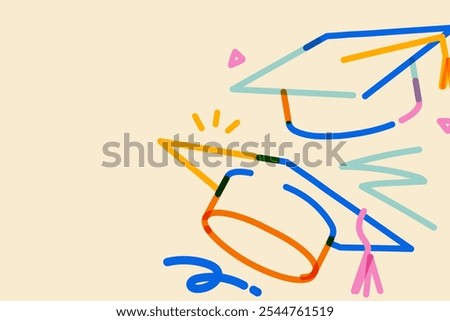 Beige background with a smooth texture. The background features colorful, abstract graduation caps. Beige color enhances the playful design. Cute colorful graduation doodle illustration background.