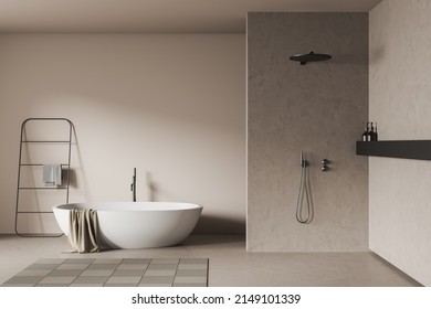 Beige bathroom interior with bathtub, shower and towel rail ladder, carpet on light concrete floor. Washing corner in hotel apartment. 3D rendering