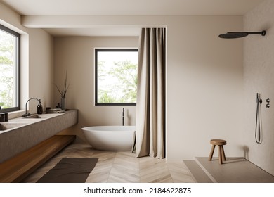 Beige Bathroom Interior With Bathtub And Shower, Sink Near Panoramic Window On Tropics View. Curtains And Stool On Podium, Hardwood Floor. 3D Rendering