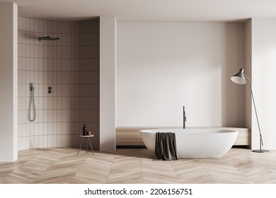 Beige Bathroom Interior With Bathtub, Shower With Stool And Accessories, Bathing Area With Lamp On Hardwood Floor. Mockup Copy Space Wall. 3D Rendering