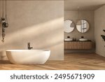 Beige bathroom interior with double sink and mirror, carpet on hardwood floor, bathtub, plants. Bathing accessories and window in hotel studio