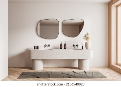 Beige Bathroom Interior With Double Sink And Mirror, Carpet On Hardwood Floor. Bathing Accessories And Window In Hotel Studio. 3D Rendering