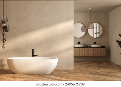 Beige bathroom interior with double sink and mirror, carpet on hardwood floor, bathtub, plants. Bathing accessories and window in hotel studio