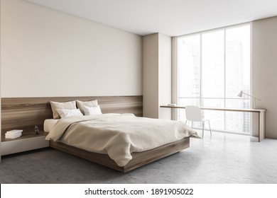 Beige Bedroom, Bed With Pillows And Linens, Side View, Desk With Chair. Beige Wall And Marble Floor, Window With City View, 3D Rendering No People