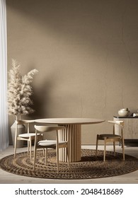 Beige brown interior with dining table and chair. 3d render illustration mockup.