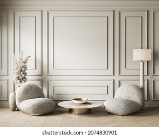 Beige Classic Interior With Lounge Soft Armchairs, Decor And Moldings Wall Panel. 3d Render Illustration Mockup.
