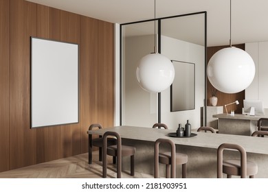 Beige Conference Interior With Board And Work Zone With Pc Computer, Side View, Hardwood Floor. Stand With Art Decoration, Glass Partition. Mockup Canvas Poster. 3D Rendering