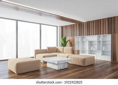 Beige Corner Sofa With White Marble Coffee Table In Wooden Living Room, Side View, Parquet Floor. Couch And Beige Seat With Plant, Shelf In Wall And Window, 3D Rendering No People