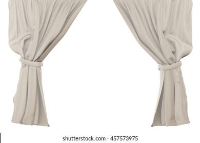 Beige Curtains Isolated On White Background. Include Clipping Path. 3d Render