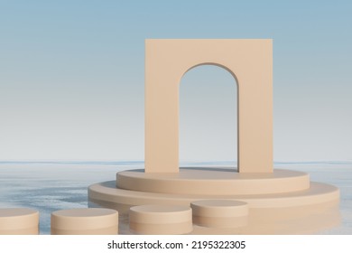 Beige cylinder platforms and arch floating on water. Mockup for product display, advertising goods. Product presentation. 3D rendering - Powered by Shutterstock