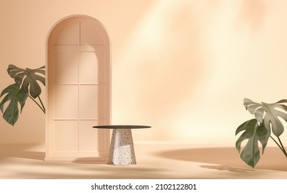 Beige Door And Abstract Podium With Sun Shade And Tropical Plant Pot. Stage Showcase On Pedestal Glass Studio Purple Background. 3D Rendering For Studio And Fashion Presentation. Geometry Shape.	