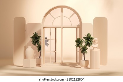 Beige Door And Abstract Podium With Sun Shade And Tropical Plant Pot. Stage Showcase On Pedestal Glass Studio Purple Background. 3D Rendering For Studio And Fashion Presentation. Geometry Shape.	