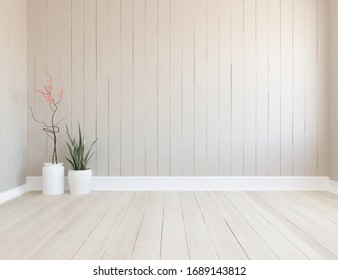 Beige empty minimalist room interior with vases on a wooden floor, decor on a large wall, white landscape in window. Background interior. Home nordic interior. 3D illustration