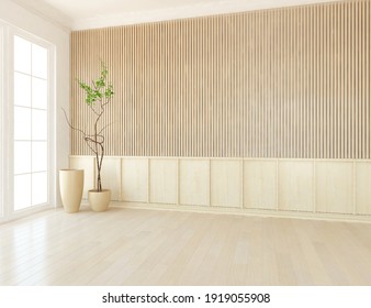Beige Empty Minimalist Room Interior With Vases On A Wooden Floor, Decor On A Large Wall, White Landscape In Window. Background Interior. Home Nordic Interior. 3D Illustration