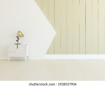 Beige empty minimalist room interior with dresser on a wooden floor, decor on a large wall, white landscape in window. Background interior. Home nordic interior. 3D illustration