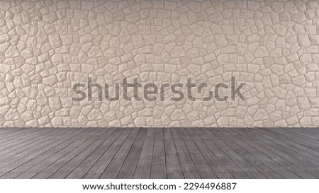Beige empty stone wall with rough wooden floor. Mock up template for product display, 3d render