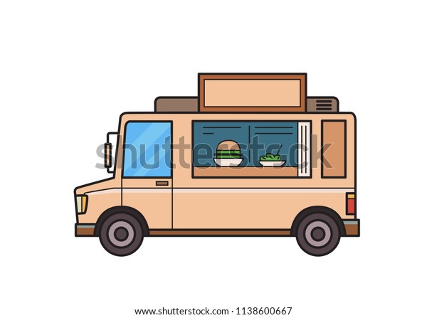 Beige food truck with burger and salad on the\
counter. Isolated image on white background. Illustration. Flat\
style. Raster\
version.