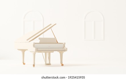 Beige Grand Piano On White Background. Minimal Idea Concept. Trendy 3d Rendering For Social Media Banners, Promotion, Stage Show, Studio.