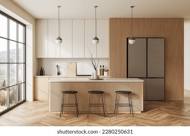 Beige home kitchen interior and bar island  fridge   shelves and kitchenware  Minimalist cooking   dining zone and panoramic window countryside  3D rendering