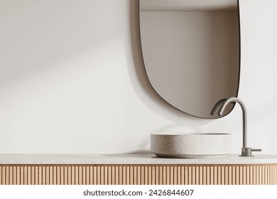 Interior de baño de hotel beige con lavabo, tocador con espejo en pared beige y espacio vacío. Cuarto de baño minimalista en un apartamento moderno y elegante. representación 3D