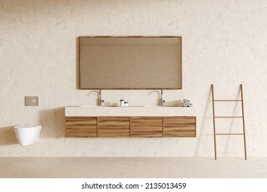 Beige Hotel Restroom Interior With Double Sink And Mirror, Light Concrete Floor. Wall Mounted Toilet And Towel Rail Ladder. 3D Rendering