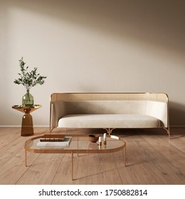 Beige Interior With Blank Wall, Sofa And Decor. 3d Render Illustration Mock Up.