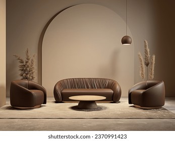 Beige interior composition with sofa, armchairs, arc, pampas grass and decor. 3d render illustration mockup.