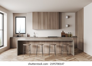 Beige Kitchen Interior With Bar Stool And Countertop On Hardwood Floor. Kitchenware And Decoration On Deck, Cooking Zone With Panoramic Window On Countryside. 3D Rendering