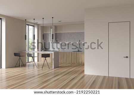 Beige kitchen interior with bar table and chairs, side view, invisible door. Kitchenware on deck. Panoramic window on tropics. 3D rendering