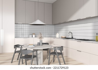 Beige Kitchen Interior With Chairs And Dining Table, Side View, Hardwood Floor. Shelves And Cooking Area With Kitchenware And Decoration. 3D Rendering