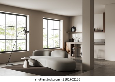 Beige Kitchen Interior With Lounge Zone, Sofa And Bar Island With Seat. Hotel Open Space Studio With Cooking And Lounge Zone, Side View. Panoramic Window On Tropics. 3D Rendering