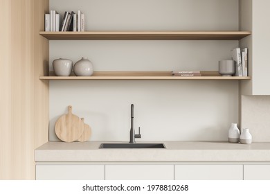 Beige Kitchen Interior, Minimalist Modern Cooking Room With Appliances And Decoration. Kitchen Sink With Art Books Stand And Cutting Board, 3D Rendering No People