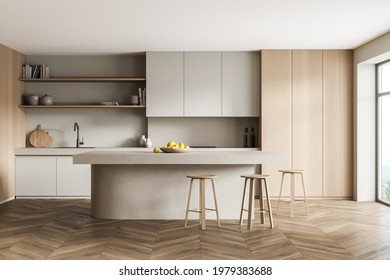 Beige Kitchen Room With Table And Three Bar Chairs, Front View, Wooden Floor. Cooking Set Interior With Shelf And Rack, Window With Nature View, 3D Rendering No People