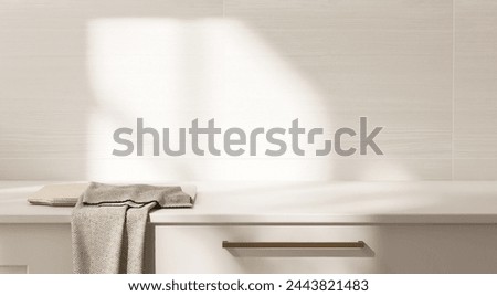 Beige kitchen table counter, cutting board on countertop in sunlight on wood pattern tile wall in background for interior design decoration, cooking, food, drink, kitchenware product display 3D