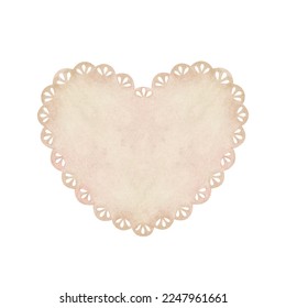 Beige lace doily in the shape of a heart. Place for inscription or text. Watercolor illustration. Isolated on a white background. For design of greeting cards, wedding invitation, for scrapbooking.