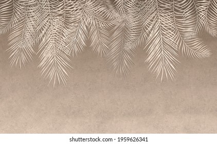 Beige leaves on a light background. Mural, Wallpaper for interior printing.