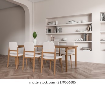 Beige Living Room Interior With Chairs And Dining Table, Side View, Shelf With Books And Art Decoration On Rack, Hardwood Floor. 3D Rendering