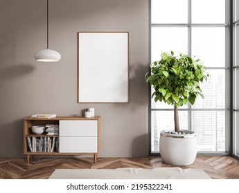 Beige Living Room Interior With Sideboard With Books And Decoration, Carpet On Hardwood Floor. Big Plant In Pot Near Panoramic Window On Singapore. Mock Up Poster, 3D Rendering