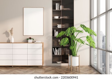 Beige Living Room Interior With Sideboard And Shelf With Books And Decoration, Hardwood Floor. Big Plant In Pot Near Panoramic Window On Skyscrapers. Mock Up Canvas Poster, 3D Rendering