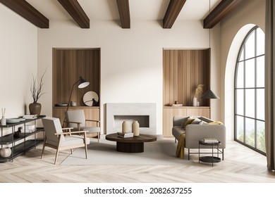 Beige living room with two niche sideboards, wood materials, ceiling beams, arch window, modern fireplace and settee with armchairs. Skandi interior with concept of on trend design. 3d rendering