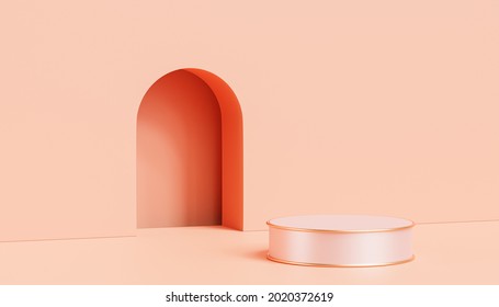 Beige luxury podium or pedestal for products or advertising on pastel peach colored background, 3d render