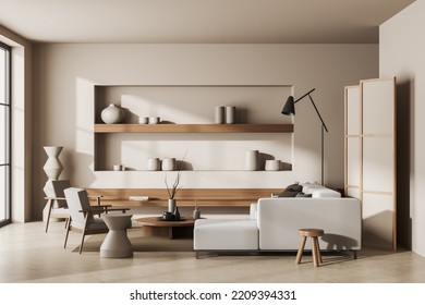 Beige Meeting Room Interior With Sofa And Two Armchairs With Coffee Table On Carpet, Shelf With Modern Decoration And Divider, Window. 3D Rendering