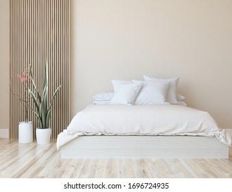 Beige Minimalist Bedroom Interior With Double Bed On A Wooden Floor, Decor On A Large Wall, White Landscape In Window. Home Nordic Interior. 3D Illustration