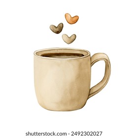 Beige mug, cup of tea or coffee with little hearts. Hot beverage. Watercolor food illustration hand painted isolated on white background for cafe menu, cooking book, table textile, packages - Powered by Shutterstock