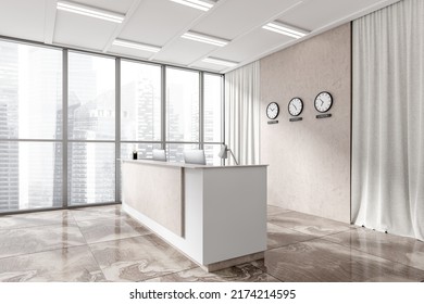 Beige reception interior with desk and pc computer, side view, world clock and panoramic window on Singapore city view. Office entrance hall and tile marble floor, 3D rendering